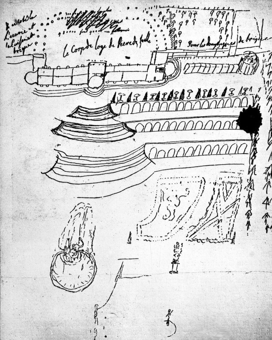 Frederick II, “The Great,” King of Prussia, Sketch of the terrace complex with Sanssouci Palace’s floor plan, 1744; https://www.bildindex.de/document/obj20366838, Bildarchiv Foto Marburg