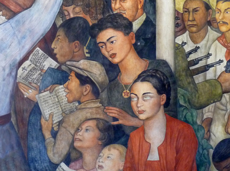 Frida Kahlo (detail), Diego Rivera, “Mexico Today and Tomorrow,” History of Mexico murals, 1935, fresco, Palacio Nacional, Mexico City (photo: Jen Wilton, CC BY-NC 2.0)