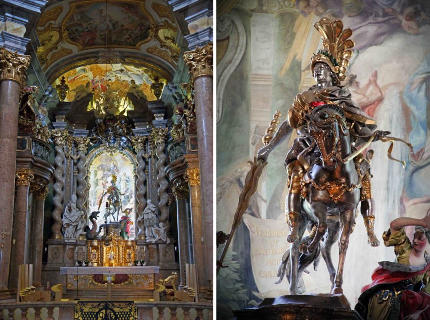 Left: Cosmas Damian and Egid Quirin Asam, main altar with St. George, 1716-1735, Bad Staffelstein, Germany (photo: Allie_Caulfield, CC BY 2.0); right: detail of Saint George (photo: Mattana, CC BY-SA 3.0)