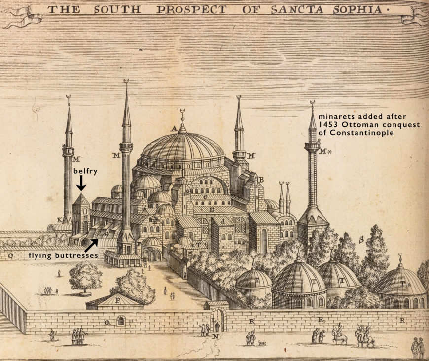 Hagia Sophia showing the belfry rising above the buttresses (H, at left), Constantinople, c. 1680, print by F. H. van Hove