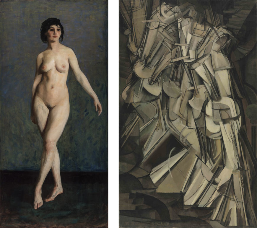 left: Robert Henri, Figure in Motion, 1913, oil on canvas, 196.2 x 94.6 cm (Terra Foundation for American Art); right: Marcel Duchamp, Nude Descending a Staircase (No. 2), 1912, oil on canvas, 151.8 x 93.3 cm (Philadelphia Museum of Art)
