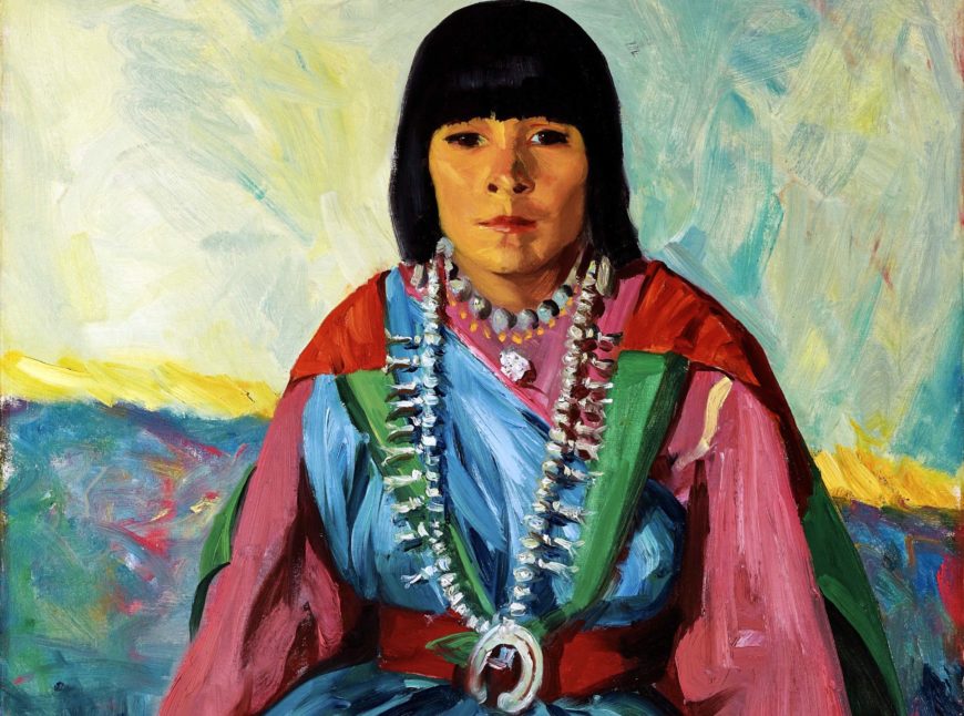 Detail, Robert Henri, Tom Po Qui (Water of Antelope Lake/Indian Girl/Romancita), 1914, oil on canvas; 40-½ x 32-½ inches (Denver Art Museum)