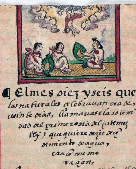 Celebrants unwrap tamales for a feast marking the festival of Atemoztli, “Descent of the Waters,” from the 365-day solar calendar. Detail from Codex Durán folio 342r, 1575, ink and wash on European paper (Biblioteca Nacional de España, Madrid)