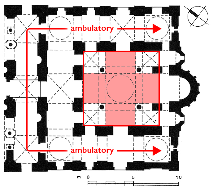 Plan of the church of the Holy Apostles in Thessaloniki, higlighting ambulatory and cross-in-square elements