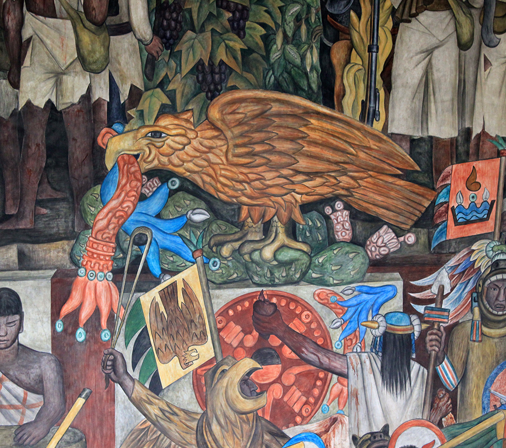 Diego Rivera, “From the Conquest to 1930,” detail of eagle on cactus, History of Mexico murals, 1929-35, Palacio Nacional, Mexico City, fresco (photo: Sarahh Scher, CC BY-NC-ND 2.0)