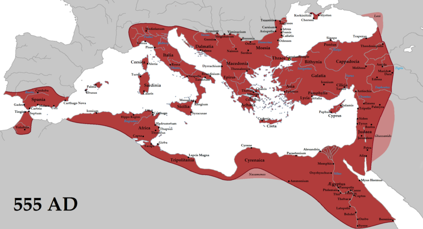 Approximate boundaries of the Byzantine Empire under emperor Justinian I, c. 555 (Tataryn, CC BY-SA 3.0)