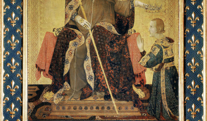 Simone Martini, detail of Robert of Anjou, Saint Louis of Toulouse, c. 1317, tempera, gold, and gems (lost) on panel, 121.6 × 74.2 inches (Museo Nazionale di Capodimonte, Naples)