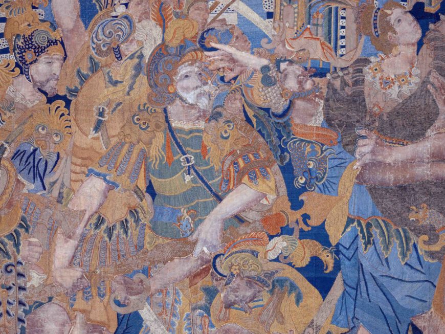 Detail of Menelaus, The Abduction of Helen, from a set of the story of Troy, first half of the 17th century, cotton, embroidered with silk and gilt-paper-wrapped thread, pigment, from China, for the Portuguese market 3.6 x 4.8 m (The Metropolitan Museum of Art)