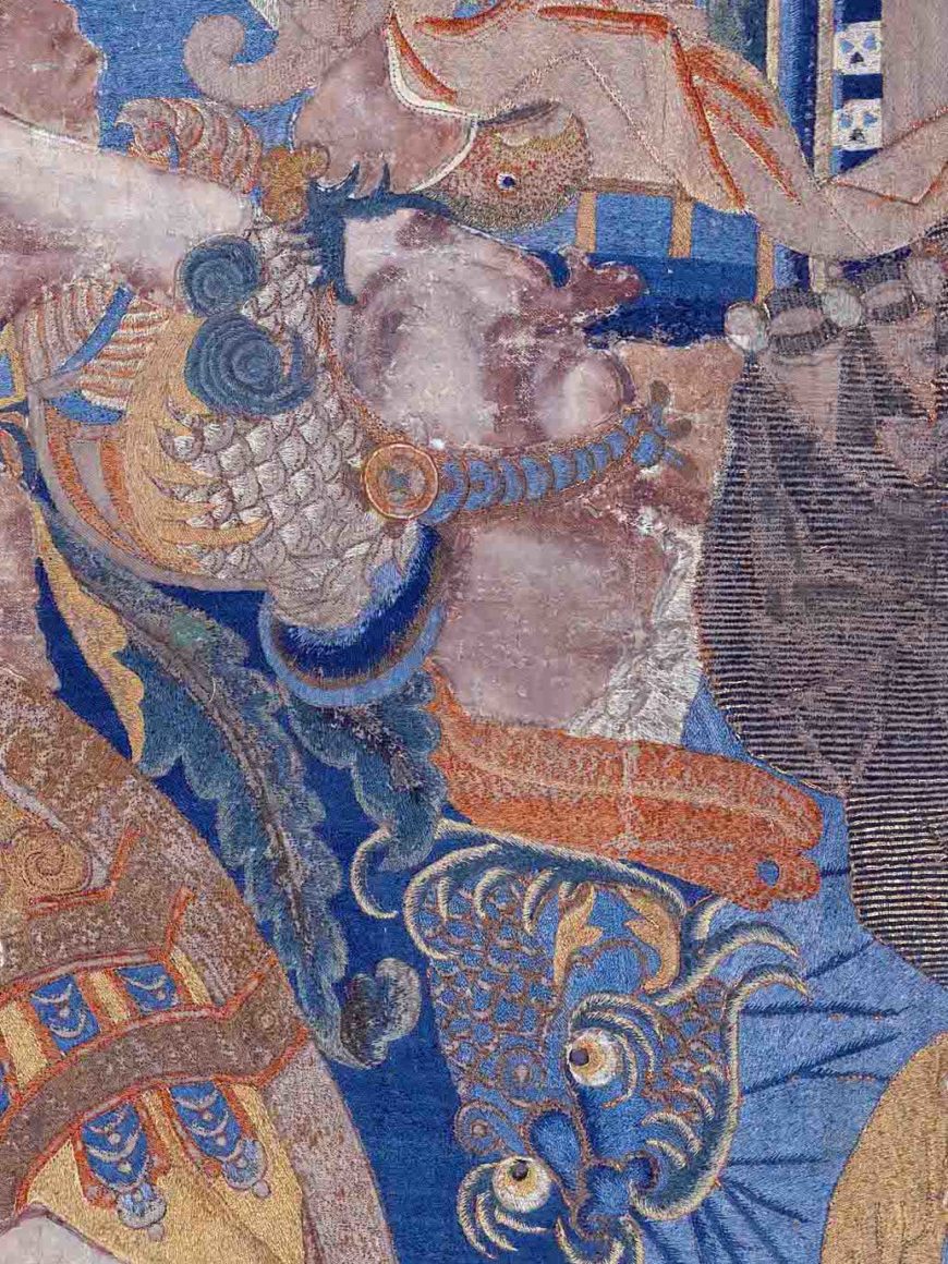 Detail of a warrior, The Abduction of Helen, from a set of the story of Troy, first half of the 17th century, cotton, embroidered with silk and gilt-paper-wrapped thread, pigment, from China, for the Portuguese market 3.6 x 4.8 m (The Metropolitan Museum of Art)
