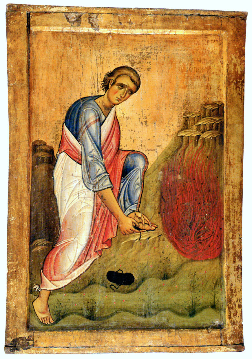 Icon with Moses before the Burning Bush, early 13th century, Byzantine (Mount Sinai?), tempera and gold on wood, 92 x 64 cm (The Holy Monastery of Saint Catherine, Sinai, Egypt)