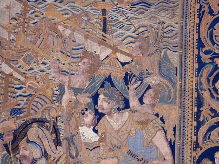 Detail of Paris, The Abduction of Helen, from a set of the story of Troy, first half of the 17th century, cotton, embroidered with silk and gilt-paper-wrapped thread, pigment, from China, for the Portuguese market 3.6 x 4.8 m (The Metropolitan Museum of Art)