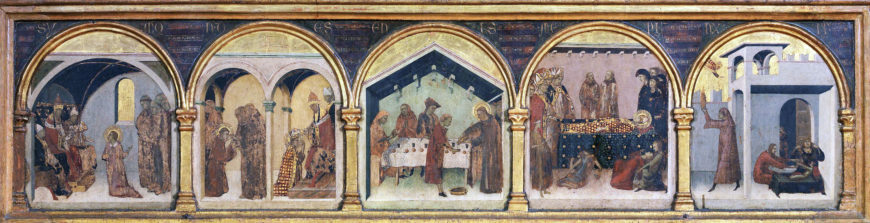 Simone Martini, predella of Saint Louis of Toulouse, c. 1317, tempera, gold, and gems (lost) on panel, 121.6 × 74.2 inches (Museo Nazionale di Capodimonte, Naples). From left to right: 1. Meeting with Pope Boniface VIII; 2. Double scene of Louis’s ordination as Bishop of Toulouse and his profession of Franciscan vows; 3. Louis serves a meal to the poor at the Franciscan convent of Santa Maria in Aracoeli, Rome; 4. Louis’s funeral in Marseilles in 1297; 5. A posthumous miracle in which Louis revived a stillborn infant. 