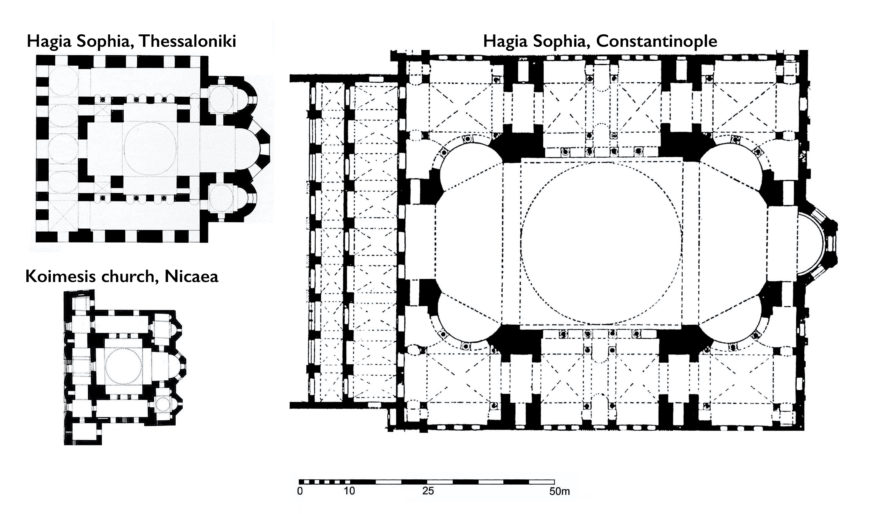 Plans drawn to the same scale, H. Sophia in Constantinople, H. Sophia in Thessaloniki, and the Koimesis church in Nicaea (© Robert G. Ousterhout)