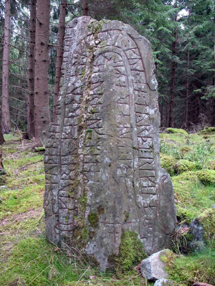 Even more common are runestones that only feature inscriptions. For example, Runestone Sö 130 from Södermanland County, Sweden, has only bands of runic text. These commemorate a man who died in what would be modern-day Russia.