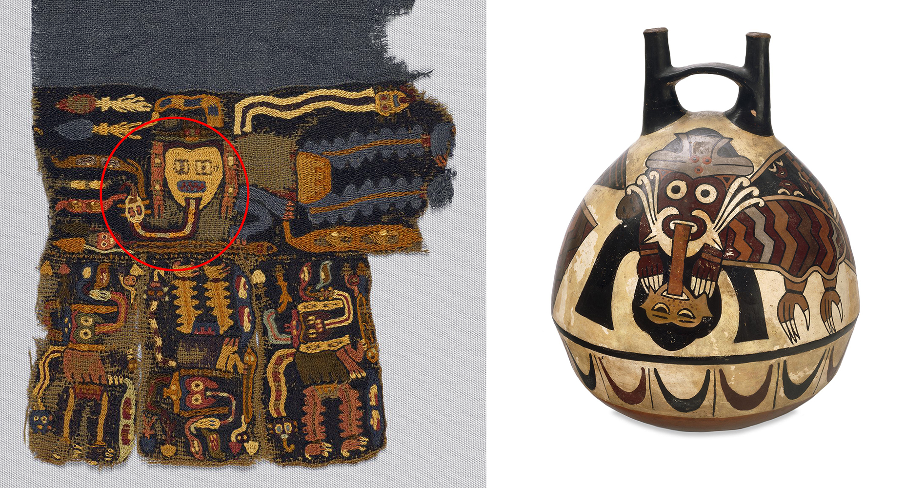 Left: Detail of a textile fragment with a head-tasting figure (circled in red), Probably Paracas, 200-600, cotton and camelid fiber, 10 1/4 x 6 11/16 inches (Brooklyn Museum); Right: Double spout-and-bridge vessel depicting a head-tasting bird deity, Nasca, 100 B.C.E. - 600 C.E., ceramic (British Museum, London, CC BY-NC-SA 4.0)