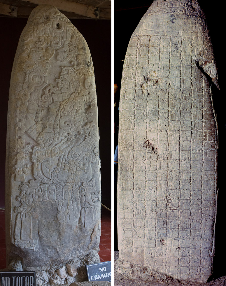 This fifth-century sculpture, Stela 31 from Tikal, Guatemala, represents the royal Siyah Chan K’awiil II dressed in elaborate finery; the back of the monument tells the story of generations of Tikal’s history using precise calendrical dates (photos: Left- Greg Willis, CC BY-SA 2.0; Right- HJPD, CC BY 3.0)