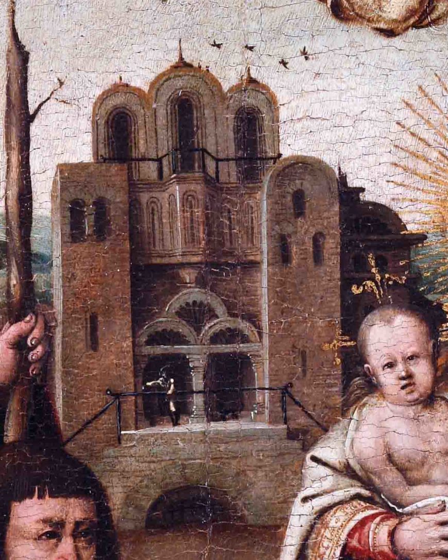 Detalle de Catedral, Virgen de Cristóbal Colón, óleo sobre tabla, primera mitad del siglo XVI, 20 X 18 pulgadas, Museo Lázaro Galdiano, Madrid.