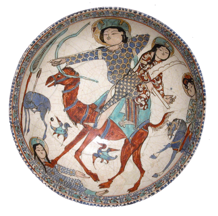 Bowl with Bahram Gur and Azada, Kashan, late 12th-early 13th century CE (New York, Metropolitan Museum of Art, 57.36.2)