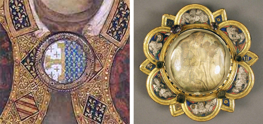 Left: Simone Martini, detail of morse in wood, glass and tempera paint, Saint Louis of Toulouse, c. 1317, tempera, gold, and gems (lost) on panel, 121.6 × 74.2 inches (Museo Nazionale di Capodimonte, Naples; right: Morse with Saint Francis Receiving the Stigmata, mid-14th century, made in Siena, Italy, Gilded copper, translucent enamel, silver, parchment, glass gems, 12.9 x 12.9 x 4 cm (The Metropolitan Museum of Art)