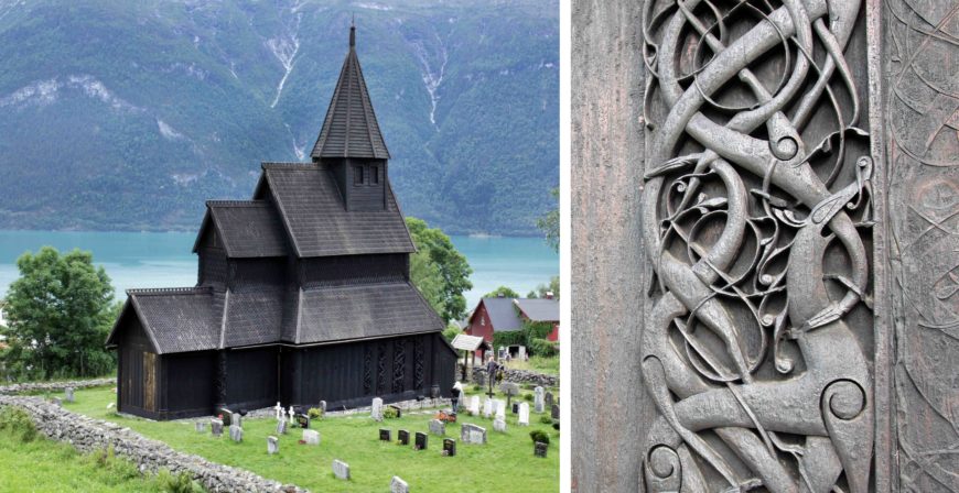 Left: the Urnes Stave Church; right: the Urnes Stave Church north portal, c. 1132, wood, Ornes, Norway (photo: Bjørn Erik Pedersen, CC BY-SA 4.0)