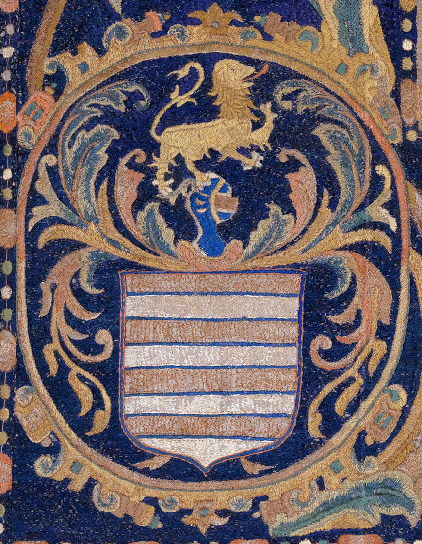 Detail of coat of arms (possibly the Mascarenhas family), The Abduction of Helen, from a set of the story of Troy, first half of the 17th century, cotton, embroidered with silk and gilt-paper-wrapped thread, pigment, from China, for the Portuguese market 3.6 x 4.8 m (The Metropolitan Museum of Art)