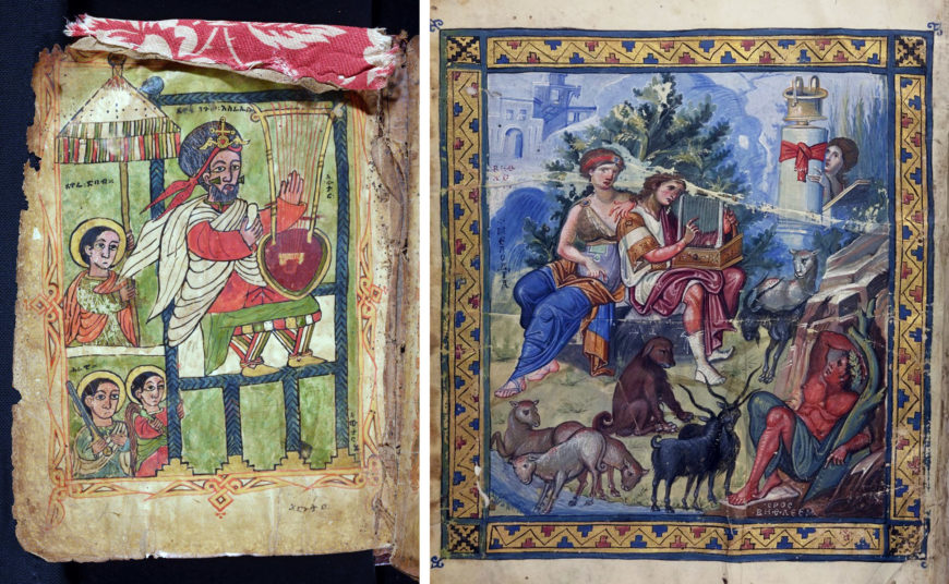 Left: David playing the begena, fol. 6v of a Psalter, Ethiopia, mid-15th century CE(Oxford, Bodleian Libraries, MS. Aeth. d. 19); right: David playing the kithara, fol. 1v of a Psalter, Constantinople, 10th century CE, (Paris, Bibliothèque nationale de France, MS Grec 139)