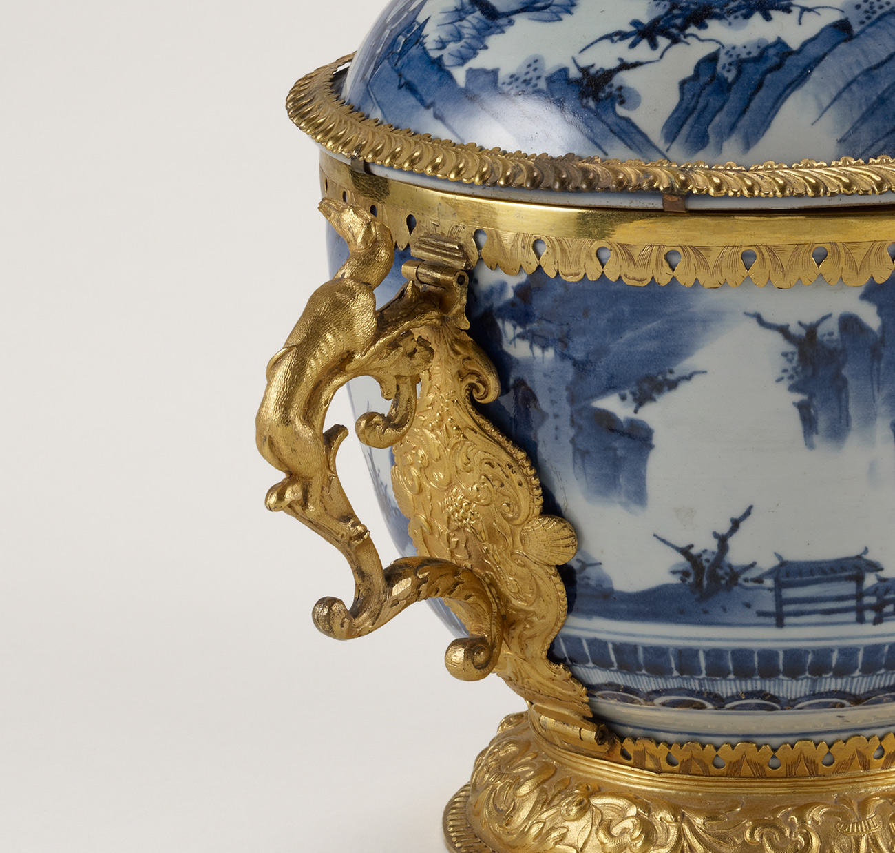 Detail of one of the gilt-bronze handles with a greyhound on one of the bowls at the Getty. One of a pair of lidded bowls (detail), late seventeenth century. Japanese porcelain and English gilt-bronze mounts, 13 9/16 x 15 x 10 1/16 in. The J. Paul Getty Museum, 85.DI.178.1. Digital image courtesy of the Getty’s Open Content Program