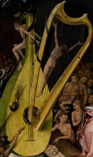 Harp (detail), Hieronymus Bosch, Hell Panel, The Garden of Earthly Delights Triptych, right wing, c. 1490–1500, oil on panel (Museo del Prado, Madrid)