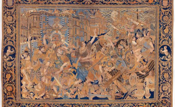 The Abduction of Helen, from a set of the story of Troy, first half of the 17th century, cotton, embroidered with silk and gilt-paper-wrapped thread, pigment, from China, for the Portuguese market 3.6 x 4.8 m (The Metropolitan Museum of Art)