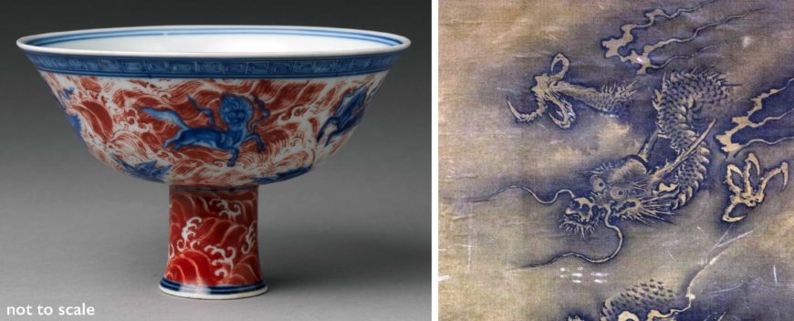 Left: Altar bowl with winged animals among Waves mid-15th century (Ming dynasty), porcelain painted with cobalt blue under and red enamel over transparent glaze (Jingdezhen ware), China, 15.6 cm in diameter and 10.8 cm high (The Metropolitan Museum of Art); right: Dragon Amid Clouds and Waves, 15th–16th century (Ming dynasty), hanging scroll; ink on silk, China, 109 x 67 cm (The Metropolitan Museum of Art)