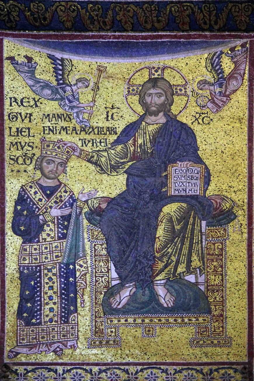 King William II crowned by Christ, c. 1180–90, mosaic on the north wall of sanctuary, Cathedral of Monreale, Sicily (photo: SNappa2006, CC BY 2.0)