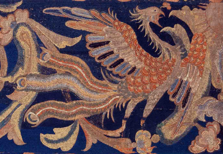 Detail of a phoenix, The Abduction of Helen, from a set of the story of Troy, first half of the 17th century, cotton, embroidered with silk and gilt-paper-wrapped thread, pigment, from China, for the Portuguese market 3.6 x 4.8 m (The Metropolitan Museum of Art)