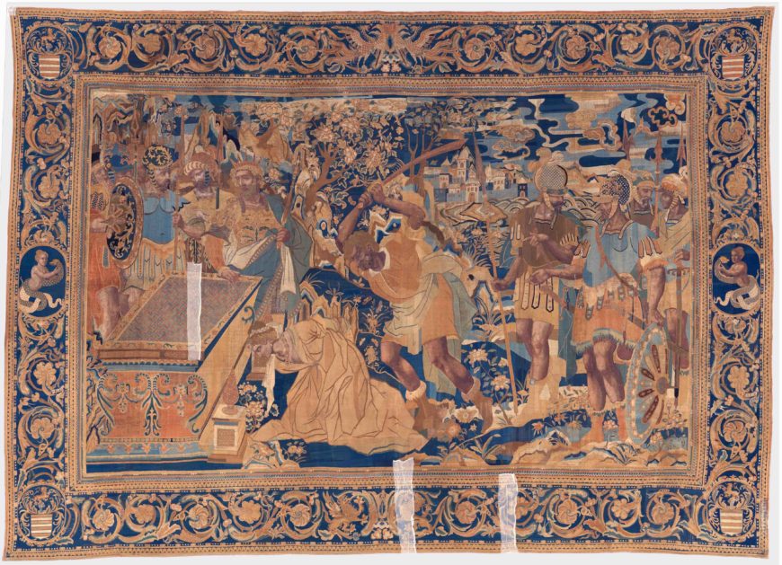  The Sacrifice of Polyxena, from a set of the story of Troy, first half of the 17th century, cotton, embroidered with silk and gilt-paper-wrapped thread, pigment, from China, for the Portuguese market 381 x 523.2 cm (The Metropolitan Museum of Art)