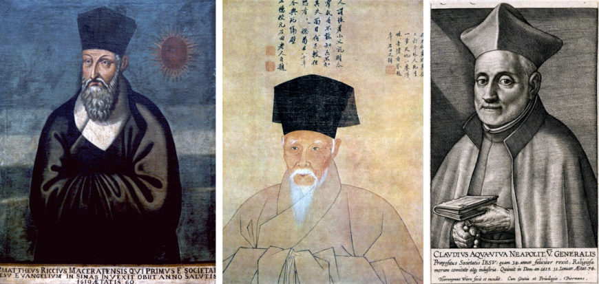 Left: You Wenhui 游文輝 (alias Manuel Pereira), Fr. Matteo Ricci of Macerata, c. 1610, oil on canvas, 120 × 95 cm. (© Society of Jesus, Il Gesù, Rome); right: Portrait of Shen Zhou 沈周, 1507, ink & color on silk (Palace Museum, Beijing); right: Hieronymus Wierix, 1615-1619, Portrait of Claudio Acquaviva, bust, facing front, wearing the Jesuit habit and hat, holding a closed book and a rosary, from the serioes Effigies Praepositorum Generalium Societatis Iesu, Engraving (© The Trustees of the British Museum)