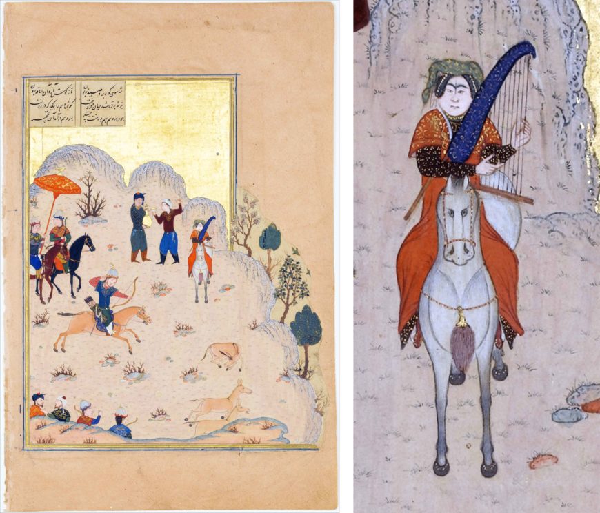 Left: “Bahram Gur’s Skill with the Bow,” Figure 12. Fitna playing the harp (detail) fol. 17v from a Haft Paykar (Seven Portraits) of the Khamsa (Quintet) of Nizami, Herat, ca. 1430 (New York, Metropolitan Museum of Art); right: detail of Fitna playing the harp