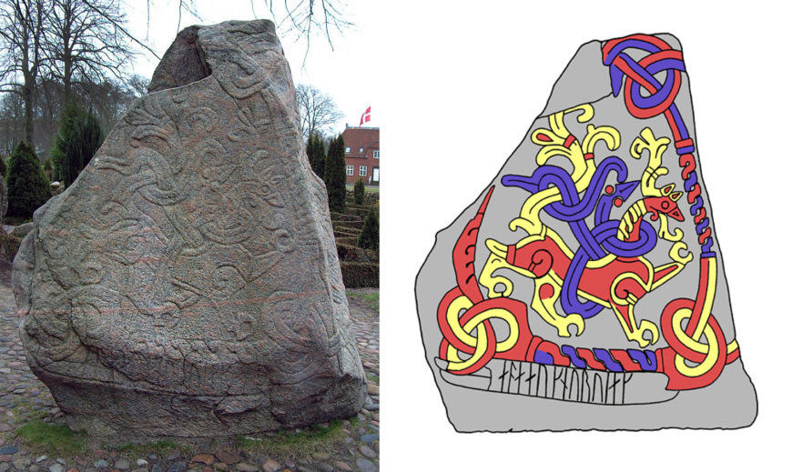 Jelling stone with traits of the Mammen style, 970 and circa 986, raised by King Bluetooth. Left: side B with Great Beast motif (photo: Caiospeia, CC BY-SA 2.0); right: diagram of side B showing Great Beast motif