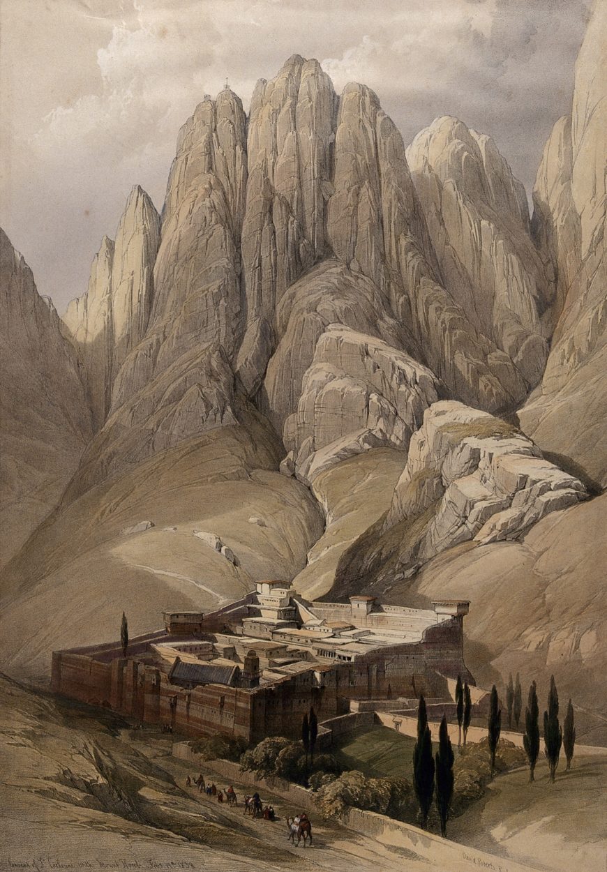 Louis Haghe after David Roberts, Monastery of St. Catherine beneath Mount Sinai, 1849, colored lithograph (Wellcome Collection, CC BY 4.0)