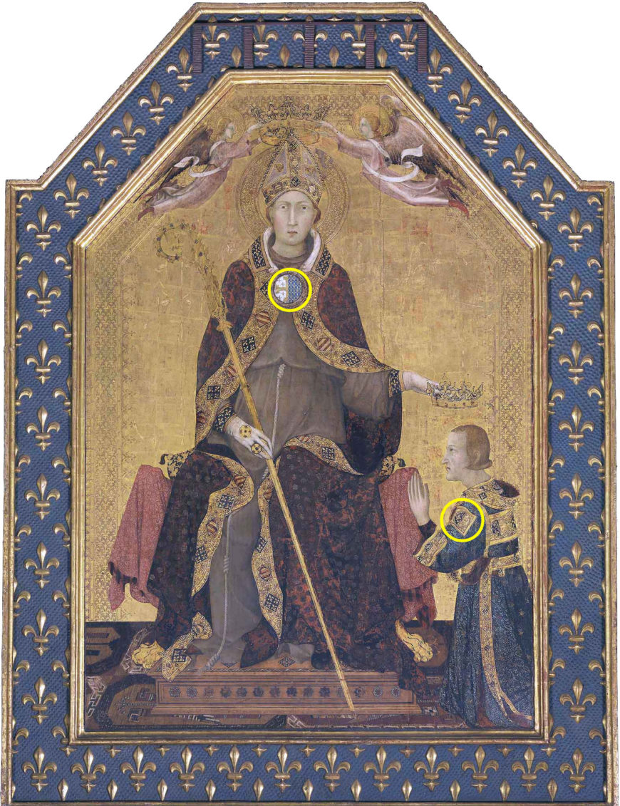 Simone Martini, detail of Saint Louis of Toulouse, c. 1317, tempera, gold, and gems (lost) on panel, 121.6 × 74.2 inches (Museo Nazionale di Capodimonte, Naples)