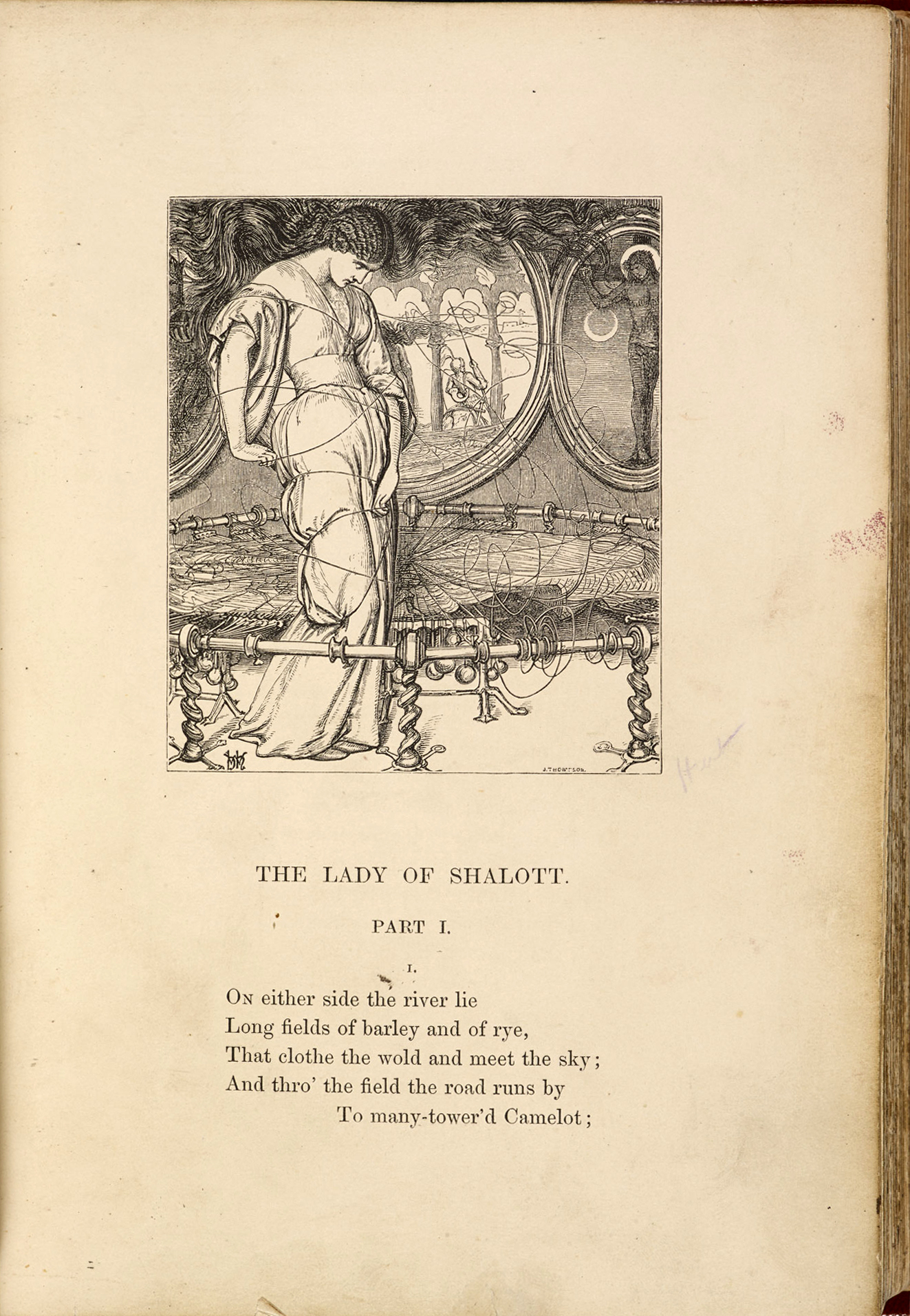 Ilustración de William Holman Hunt de La dama de la chalota, edición de Moxon de Poemas de Tennyson, 1857 (The British Library)