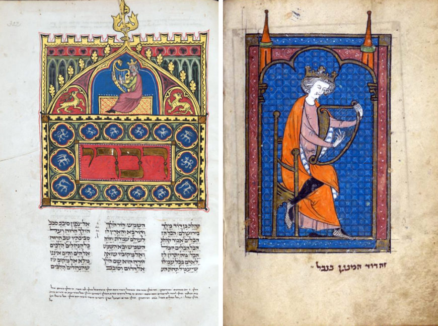 David playing the harp, fol. 302r of a Pentateuch, Germany, early 14th century CE (ca. AM 5060-5085)(London, British Library, Add MS 15282); right: David playing the harp, fol. 117v of a Miscellany,France, ca. 1277-1324 CE (ca. AM 5038-5085)(London, British Library, Add MS 11639)
