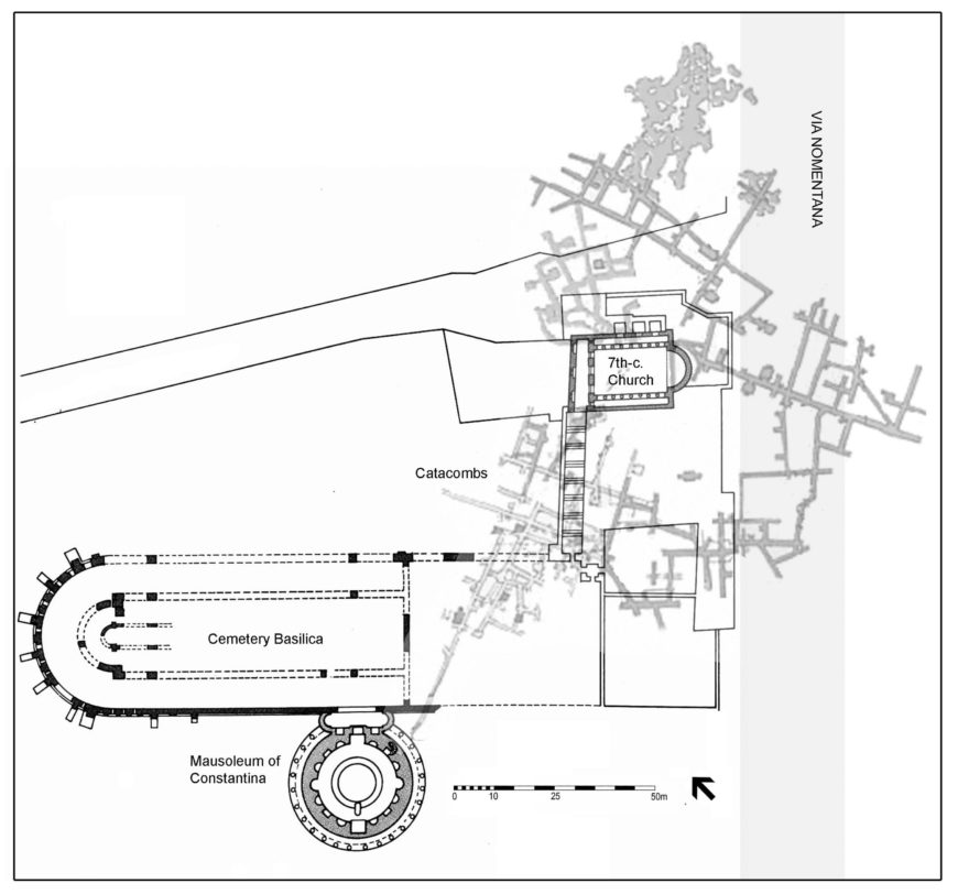 Rome, Sant’Agnese site plan: cemetery basilica with attached Mausoleum of Constantina (S. Costanza); medieval Basilica of Sant’Agnese above the catacombs (in gray) (© Robert Ousterhout)