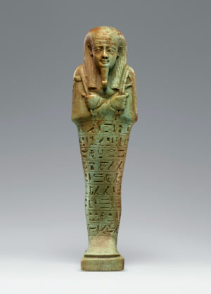 Ushabti for Neferibresaneith, about 570–526 B.C., Egyptian. Green faience, 7 3/16 × 2 1/16 in. The J. Paul Getty Museum, 2016.2. Digital image courtesy of Getty’s Open Content Program