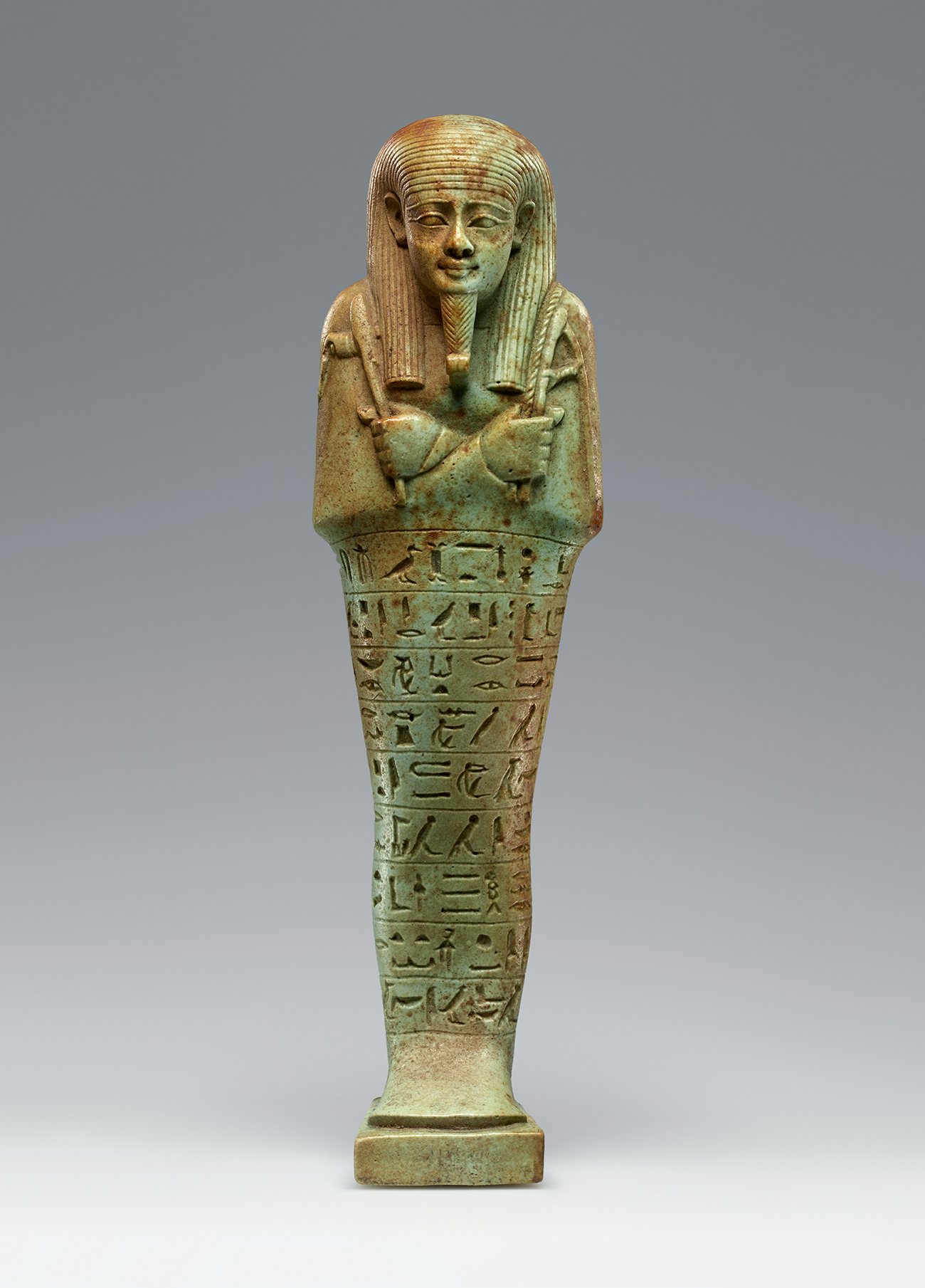 Ushabti for Neferibresaneith, about 570–526 B.C., Egyptian. Green faience, 7 3/16 × 2 1/16 in. The J. Paul Getty Museum, 2016.2. Digital image courtesy of Getty’s Open Content Program