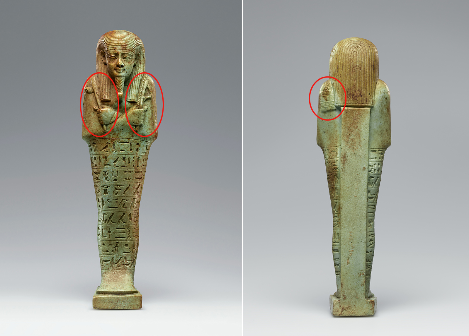 The ushabti for Neferibresaneith holds a hoe and a pick (left, circled) and a bag of seeds (right, circled)