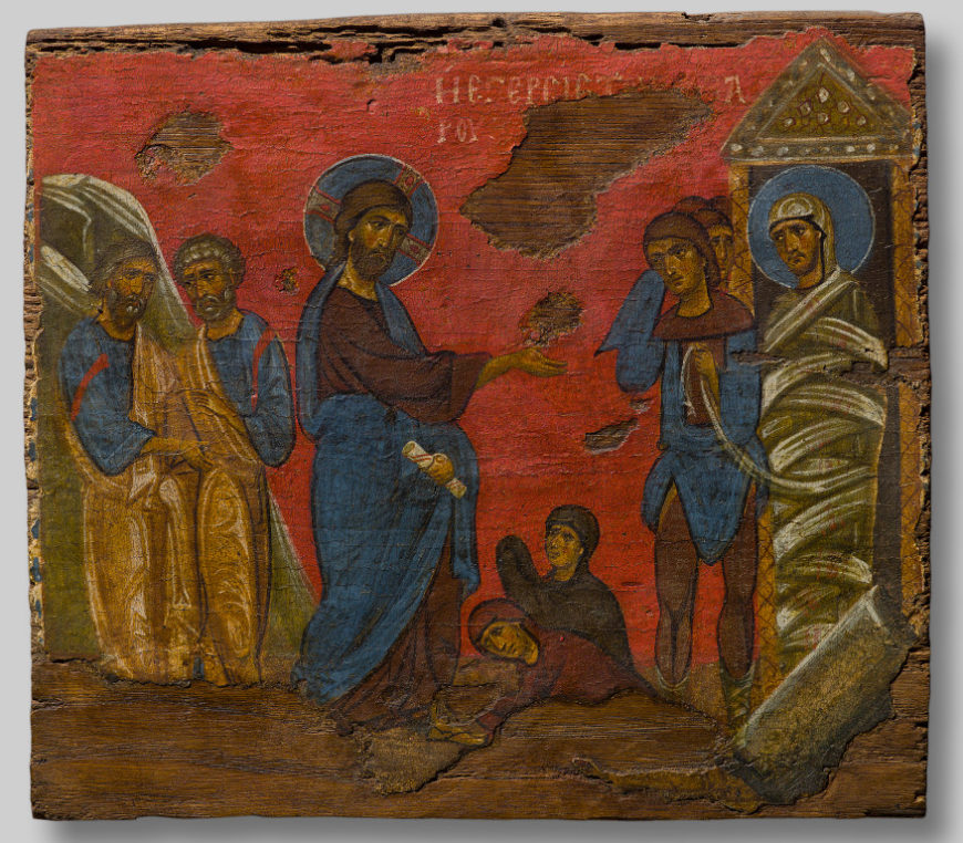 The Raising of Lazarus, fragment of a templon beam, 12th century, Mount Athos, tempera on wood, 21,5 x 24 cm (Byzantine and Christian Museum, Athens)