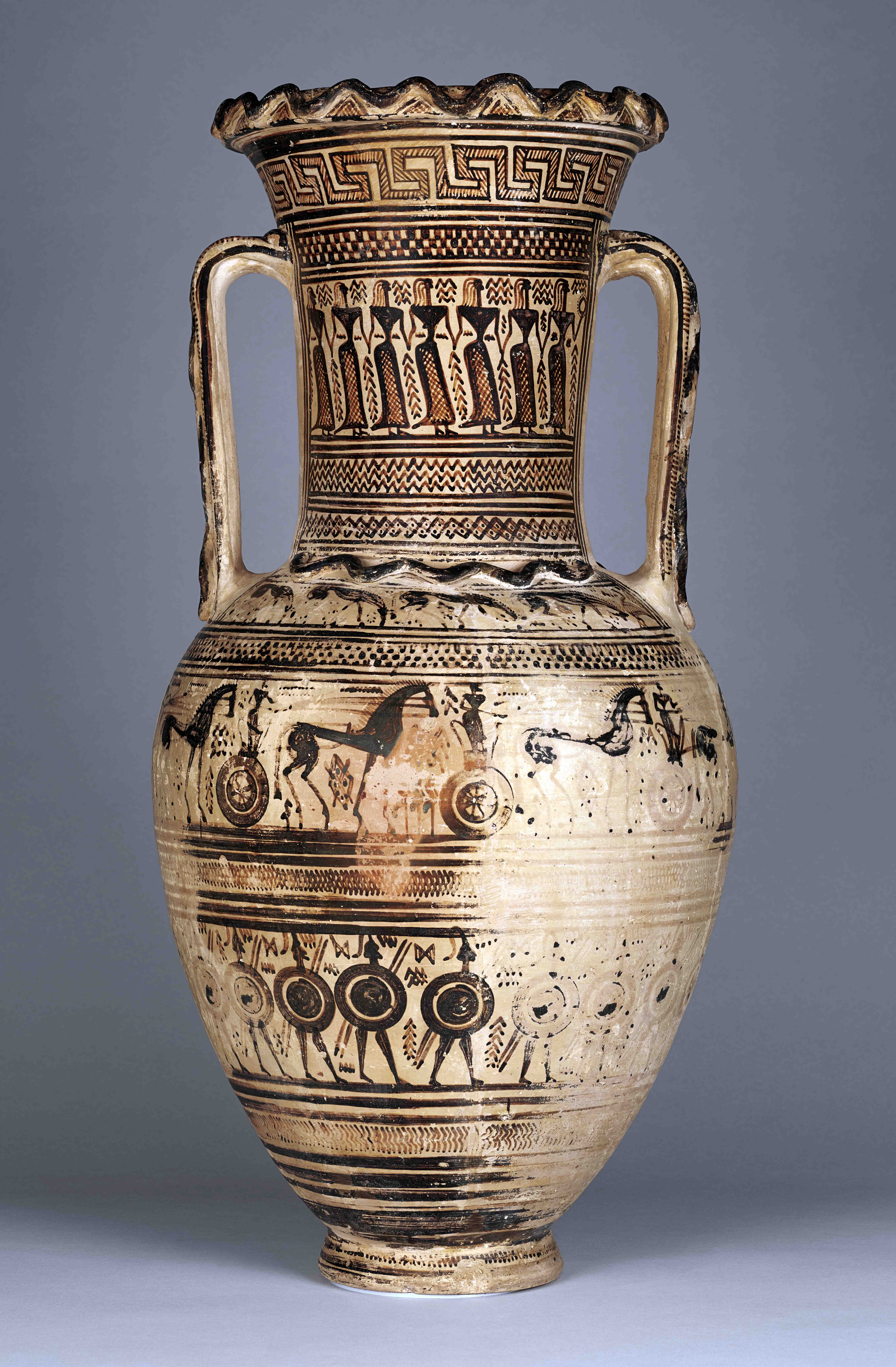 On the neck of this vase, dancing women follow a woman holding a wreath, while processions of men in chariots and armed soldiers decorate the body below. Funerary Amphora with Scenes of Mourning, 720–700 B.C., Greek, made in Athens. Terracotta, 27 5/8 x 12 in. The J. Paul Getty Museum, 2016.35. Purchased in part with funds provided by the Villa Council. Digital image courtesy of the Getty’s Open Content Program