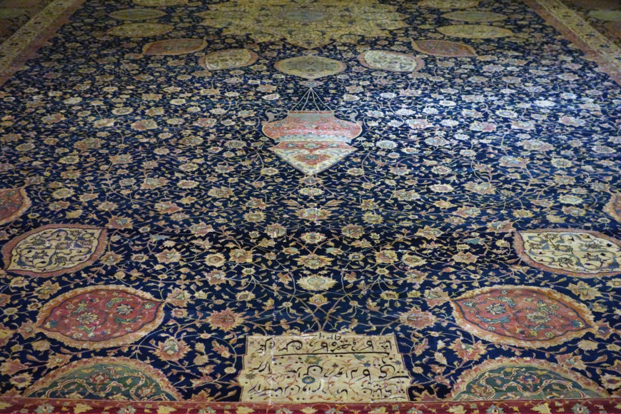 Medallion Carpet, “The Ardabil Carpet,” Maqsud of Kashan, Persian: Safavid Dynasty, silk warps and wefts with wool pile (25 million knots, 340 per sq. inch), 1539-40 C.E., Tabriz, Kashan, Isfahan or Kirman, Iran, (now at the Victoria & Albert)