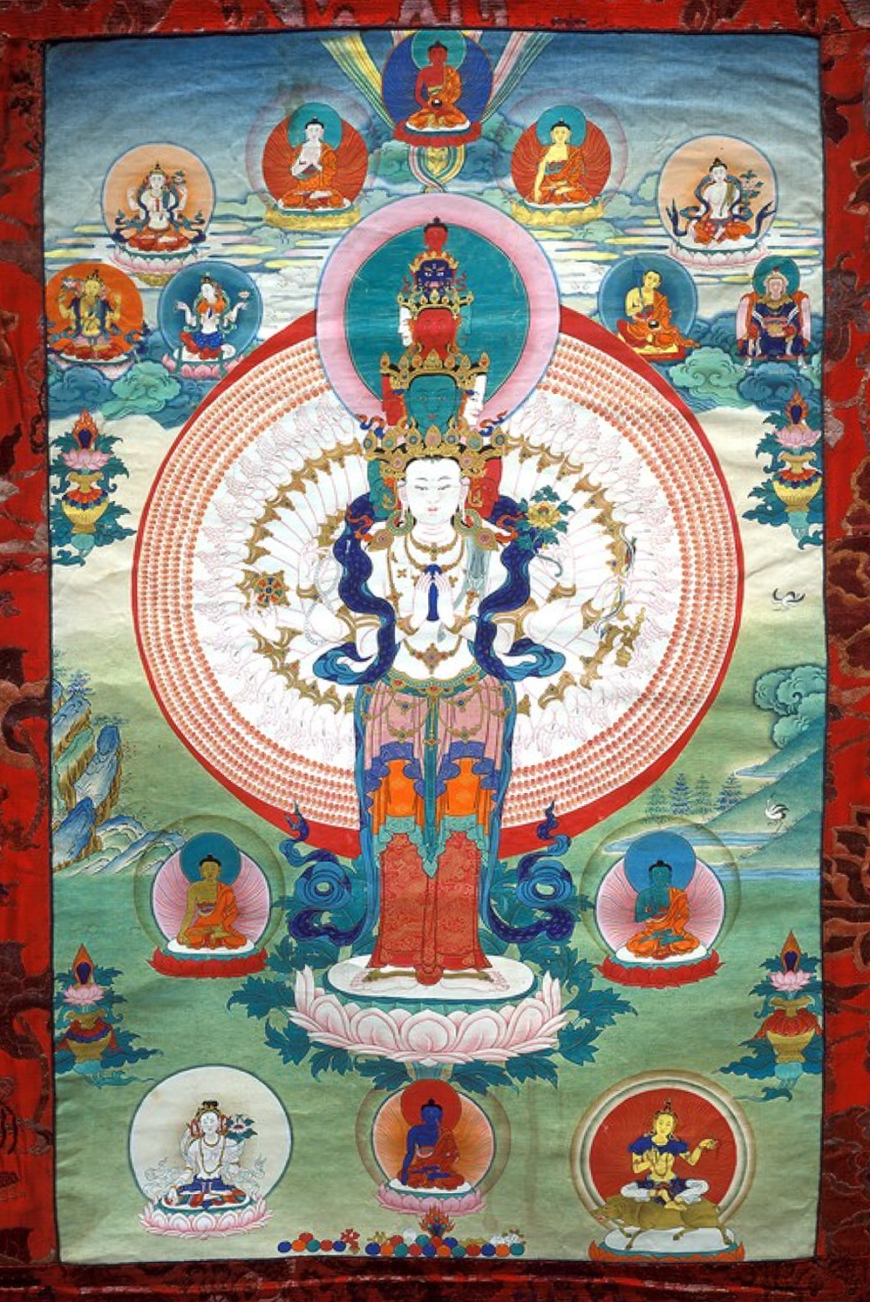 Avalokiteshvara (Bodhisattva & Buddhist Deity) - Sahasrabhujalokeshvara (11 faces, 1000 Hands), 19th century, Eastern Tibet, ground mineral pigment on cotton (private collection)