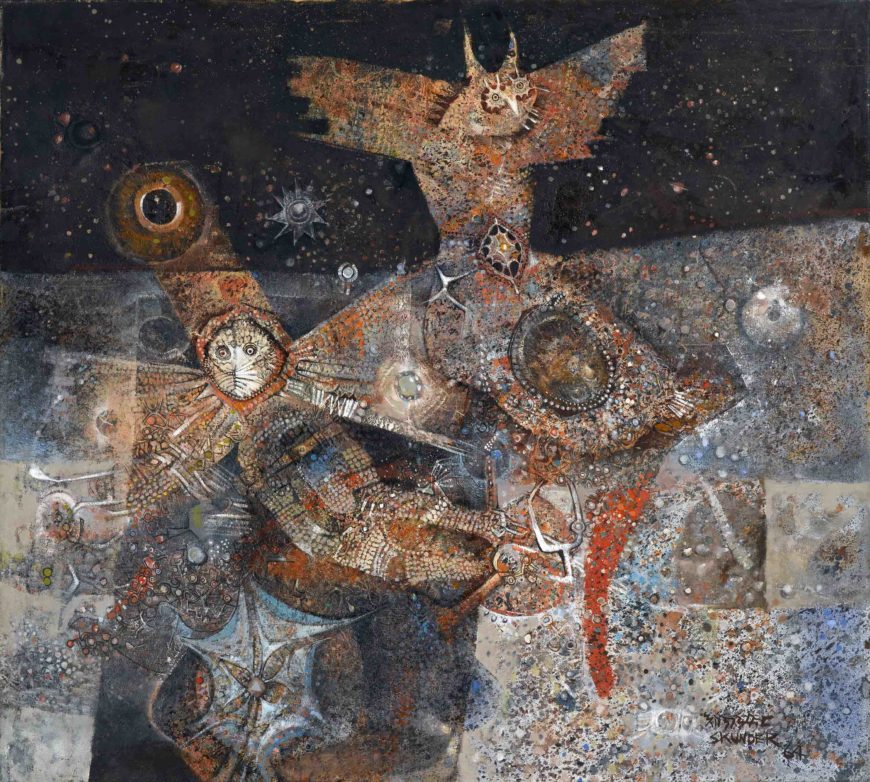 Skunder (Alexander) Boghossian, Night Flight of Dread and Delight, 1964, oil on canvas with collage, 56 5/8 x 62 5/8 in. (143.8 x 159.1 cm) (North Carolina Museum of Art, Raleigh, Purchased with funds from the North Carolina State Art Society (Robert F. Phifer Bequest), 98.6)