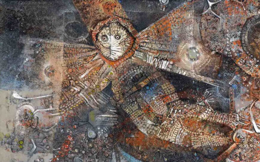 Skunder (Alexander) Boghossian, detail of winged creature with a cat's face, Night Flight of Dread and Delight, 1964, oil on canvas with collage, 56 5/8 x 62 5/8 in. (143.8 x 159.1 cm) (North Carolina Museum of Art, Raleigh, Purchased with funds from the North Carolina State Art Society (Robert F. Phifer Bequest), 98.6)